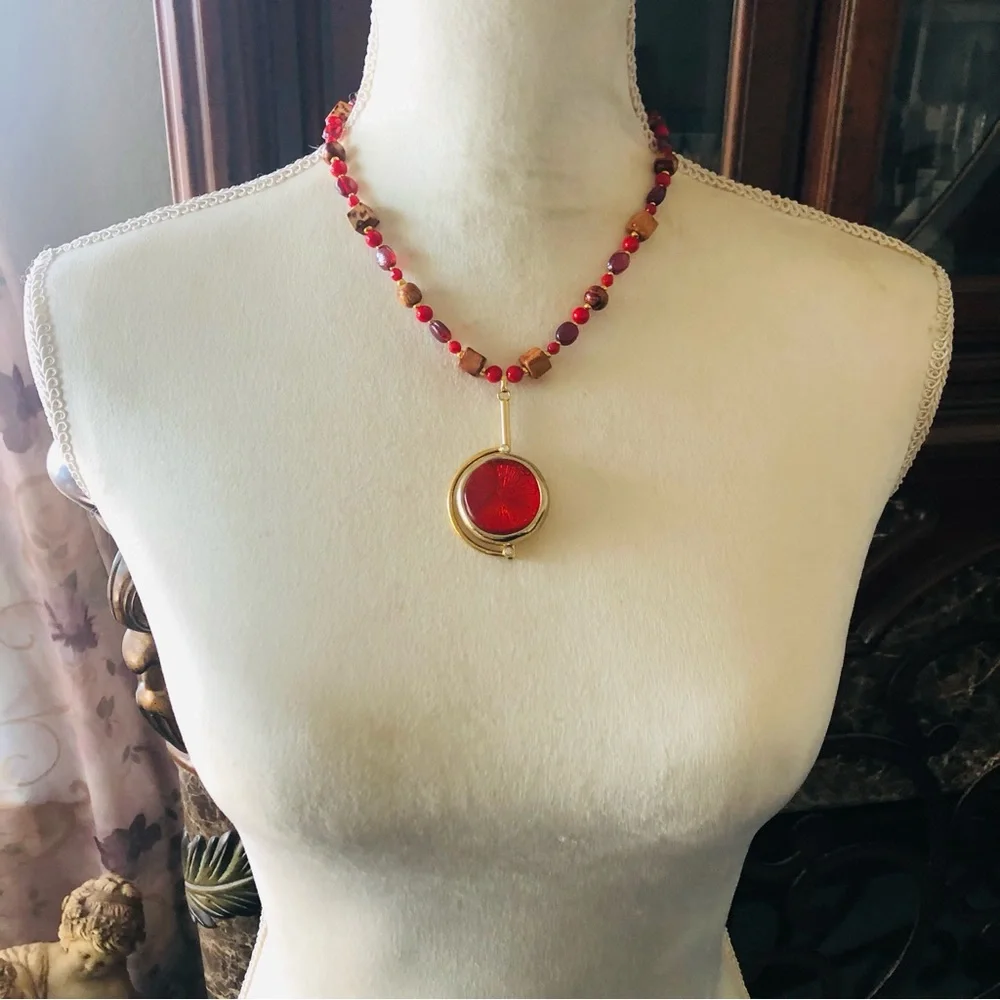 Handcrafted repurpose mixed bead crackle pendant Czech glass Pearl necklace